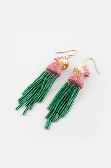  Pink Cockatoo Green Bead Pendant Earrings