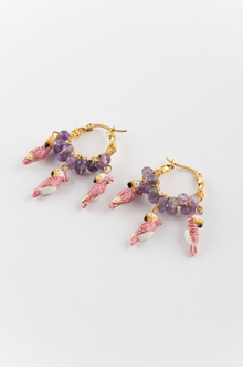  Pink Cockatoo Purple Bead Small Hoop Earrings