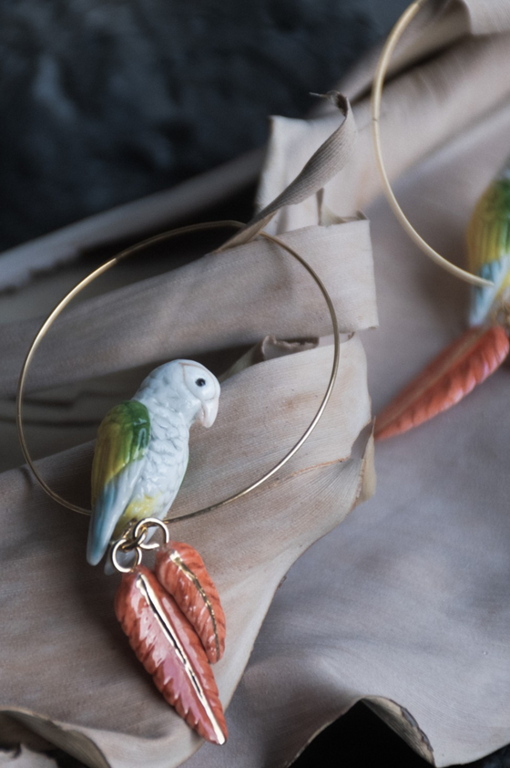 Parrot & Feather Big Hoop Earrings