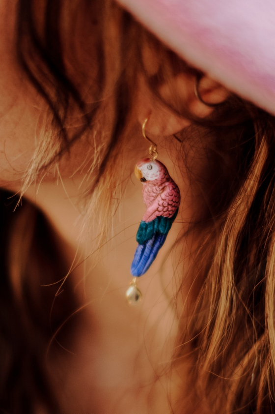 Pink Parrot Pendant Earrings