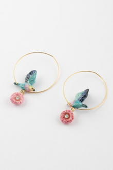  Pink & Blue Bird Thistle Flower Big Hoop Earrings