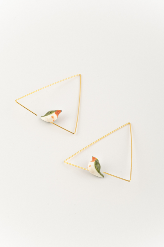 Mini Robin Bird Triangle Hoop Earrings