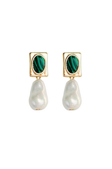  Vintage Square Malachite and Natural Pearl Drop Earrings