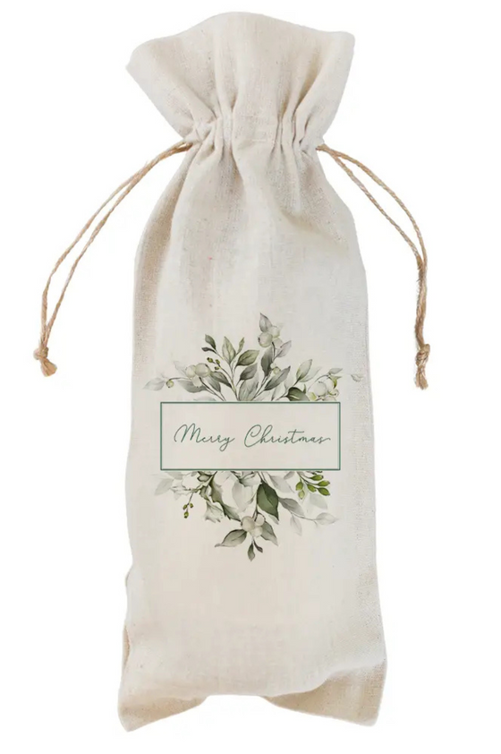 Merry Christmas Greenery Wine Bag