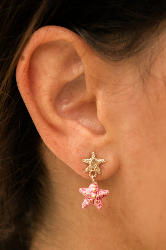 Gold and Pink Starfish Pendant Earring